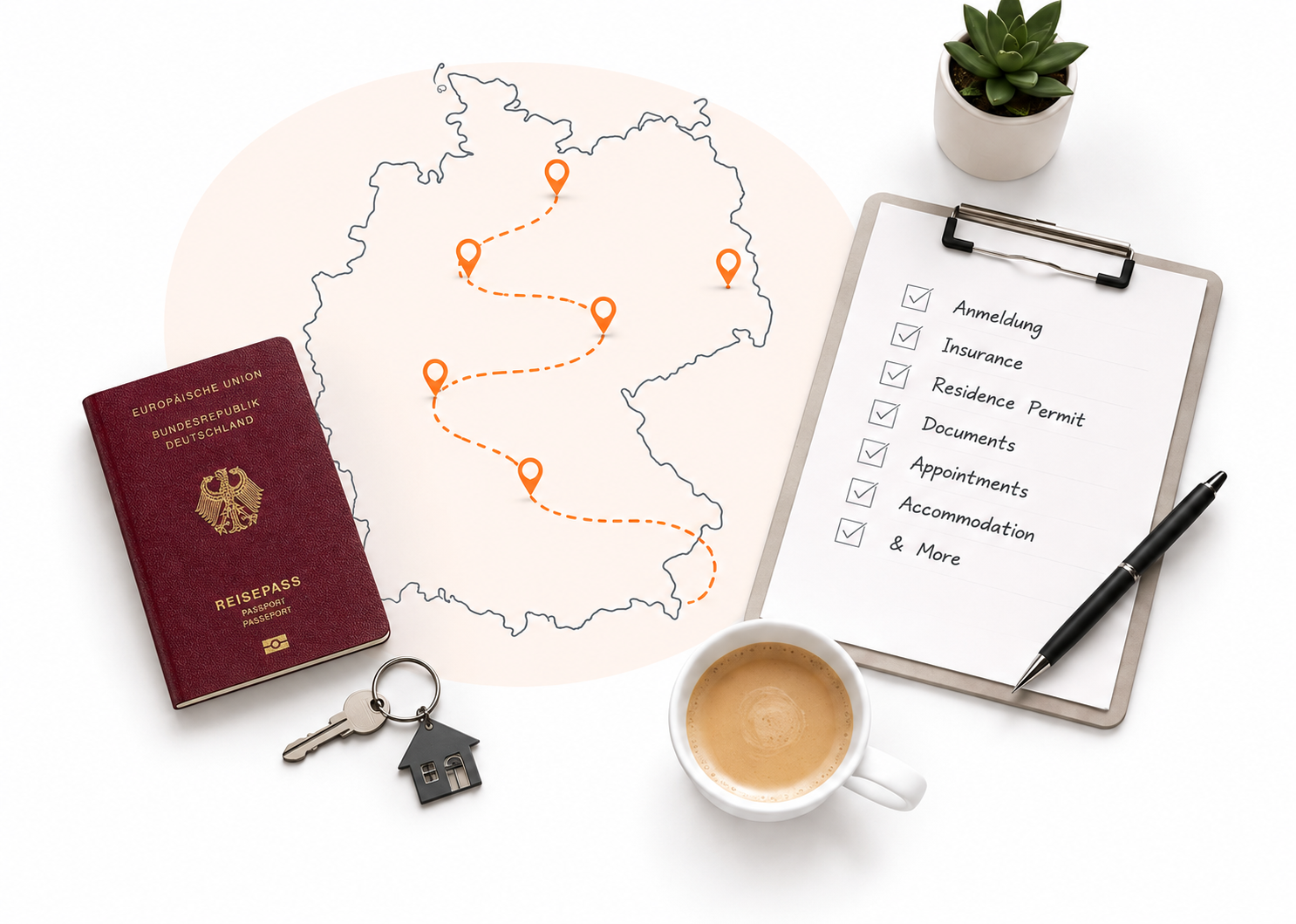 German passport and house keys beside a map of Germany with orange route markers, a clipboard checklist covering Anmeldung, insurance, residence permit and more, and a coffee cup